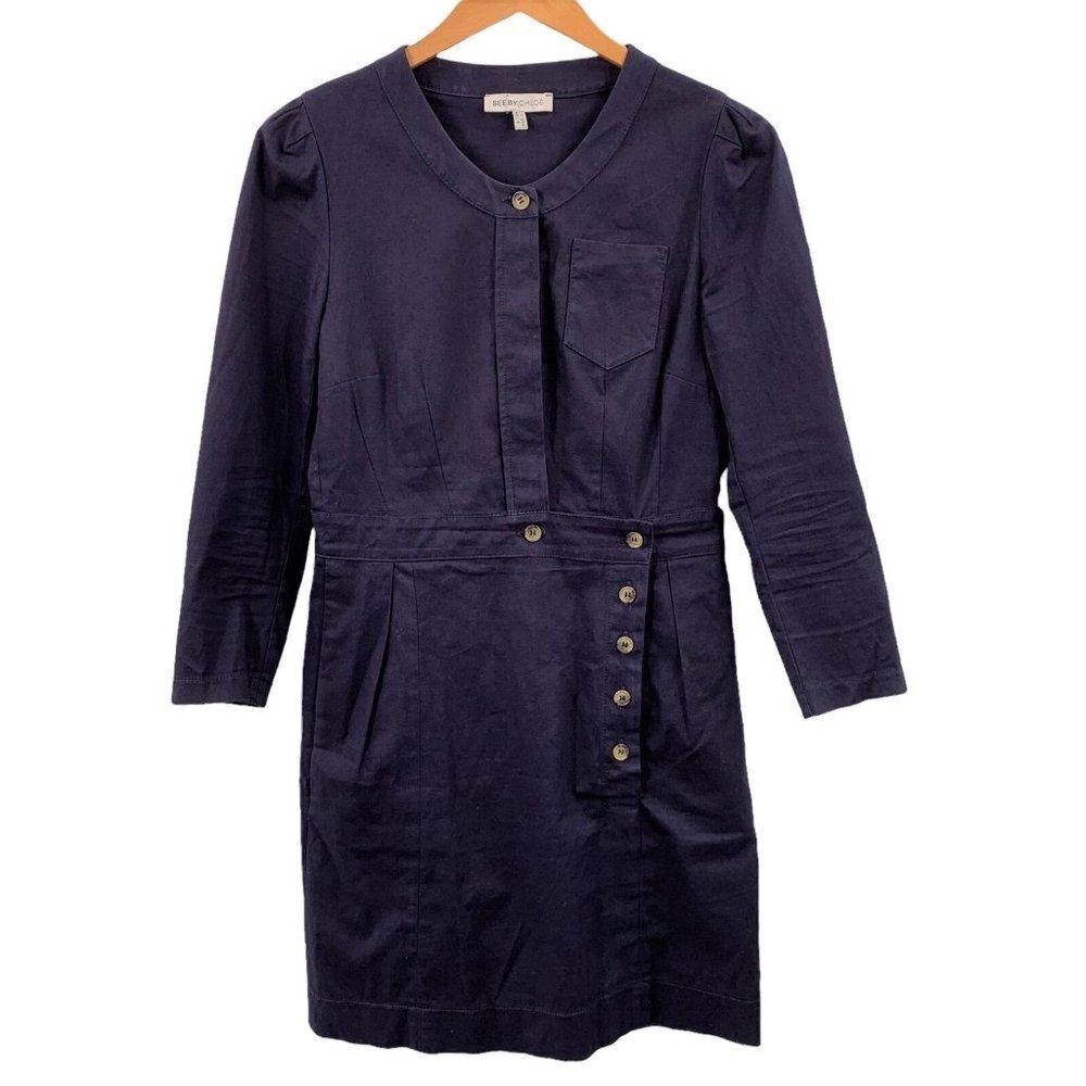SEE BY CHLOE Navy Blue Stretch Cotton Button Front Dress Size 6